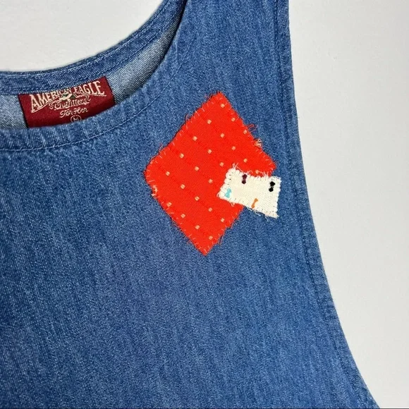 American Eagle Outfitters Vintage Quilt Denim Jean Jumper Dress Overalls Dress - Picture 3 of 5